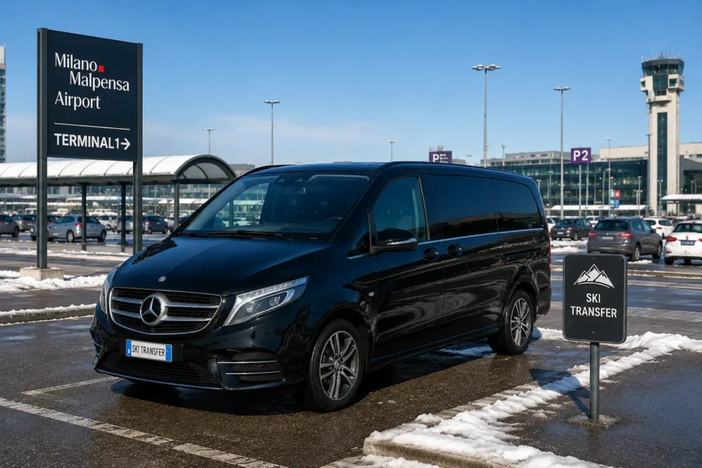 Milan Malpensa Airport at Winter Mercedes MINIVAN for private ski transfers from Milan Malpensa Airport