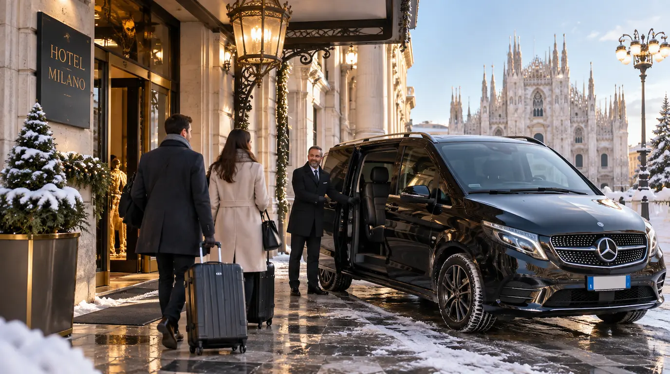 Driver with Clients in Milan City at Winter Private transfer driver with clients in Milan in winter