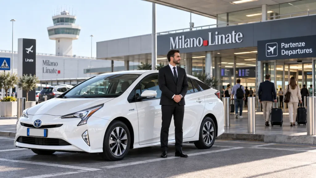 Private Transfer at Milan Linate Airport with Toyota Prius Professional driver standing beside a white Toyota Prius at Milan Linate Airport, ready for a private airport transfer