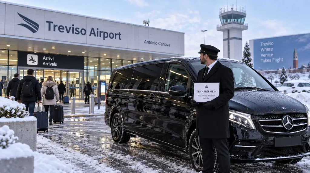Private Transfer Driver Minivan at Treviso Airport Black minivan driver waiting clients at Treviso Airport on a winter day