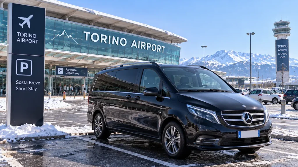 Private Transfer Minivan at Turin Airport Black minivan parked outside Turin Airport on a winter day